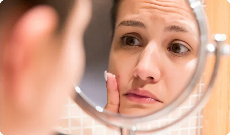 woman looking into mirror and applying ointment onto pimple on cheek region